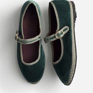 Dark Green Velvet Mary Jane Flats with Contrast Trim